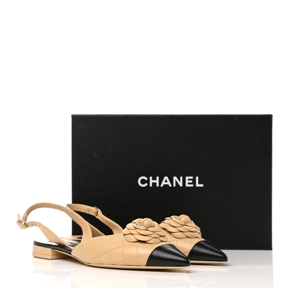 SOLD! Chanel Lambskin Stitched Camellia Slingback Ballet Pointed Flats 39
